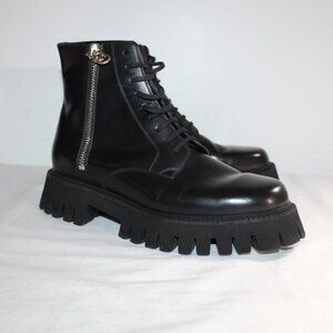NWOB Gucci Lug Sole Black Zip Lace Combat Boots Double GG Mens 8.5 Women 10/10.5